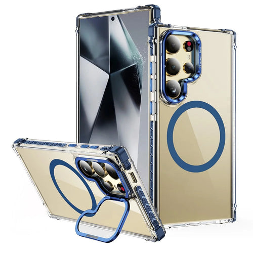 For Samsung Galaxy S24 Ultra Clear Phone Case with Lens Kickstand Cover Magnetic Case - Blue - 1