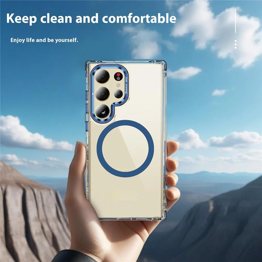 For Samsung Galaxy S23 Ultra Clear Phone Case with Lens Kickstand Cover Magnetic Case - Blue - 5