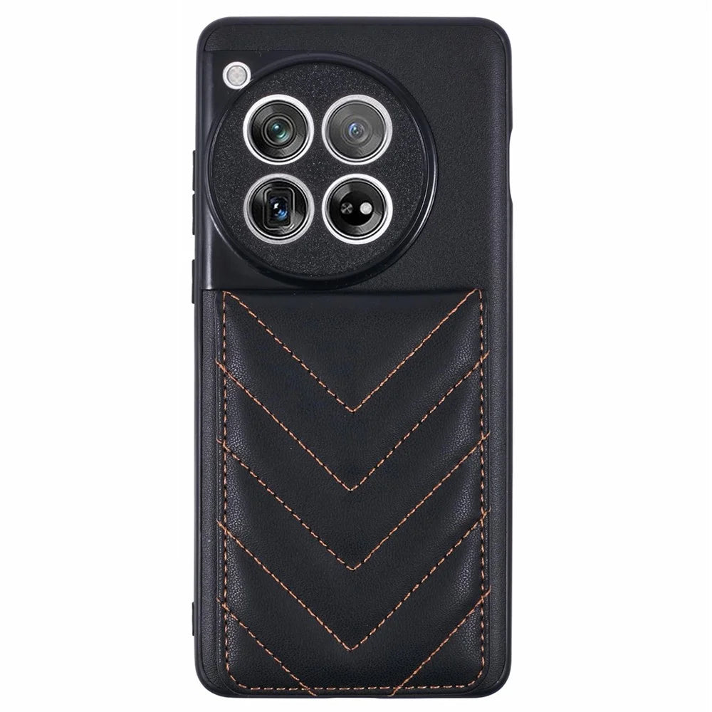 For OnePlus 12 5G Phone Case Rhombus Adhesive Card Bag with Kickstand RFID Blocking - Black - 1