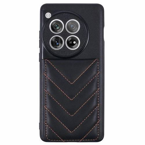 For OnePlus 12 5G Phone Case Rhombus Adhesive Card Bag with Kickstand RFID Blocking - Black - 1