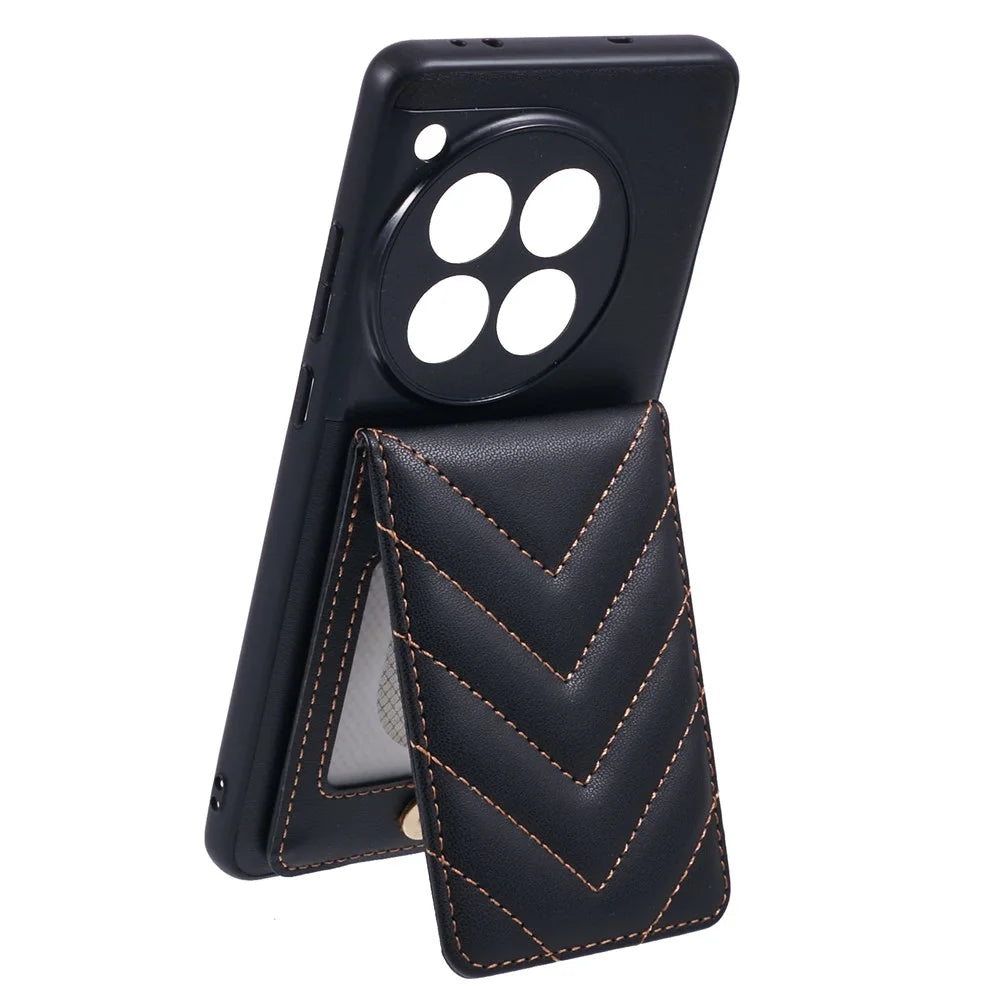 For OnePlus 12 5G Phone Case Rhombus Adhesive Card Bag with Kickstand RFID Blocking - Black - 3