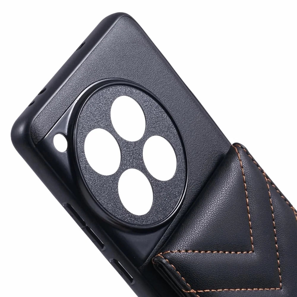 For OnePlus 12 5G Phone Case Rhombus Adhesive Card Bag with Kickstand RFID Blocking - Black - 7