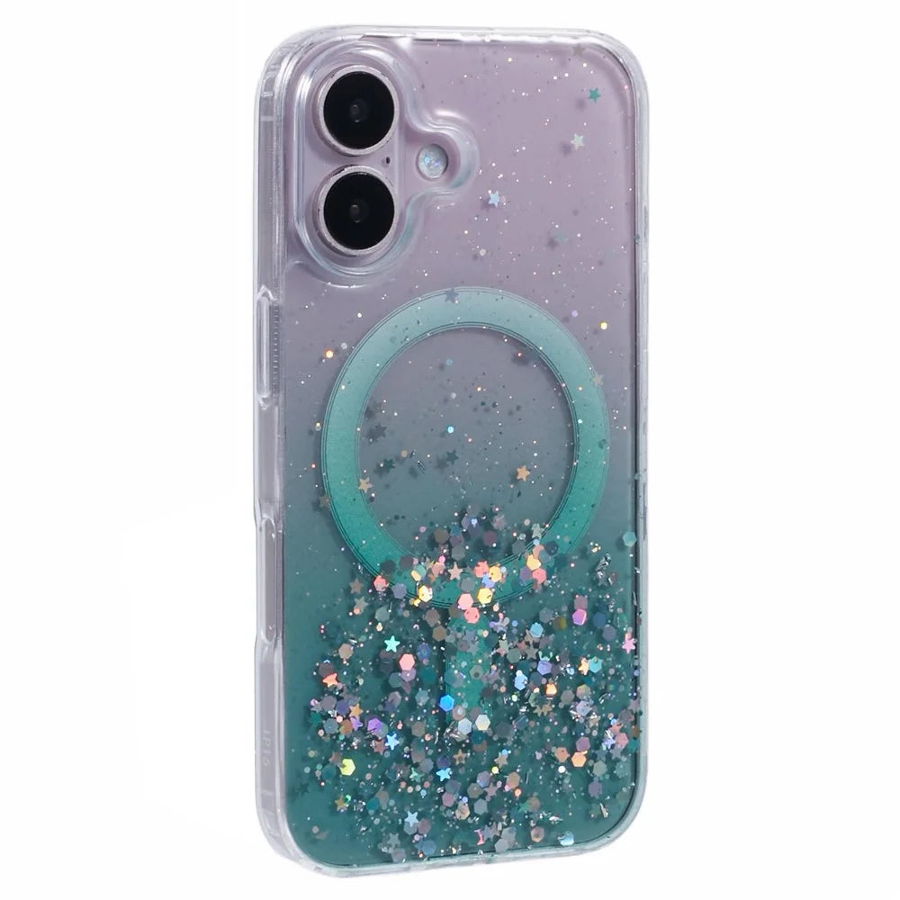 For iPhone 16 Plus Case Compatible with MagSafe Sparkle Epoxy TPU+Acrylic Phone Cover - Green - 1