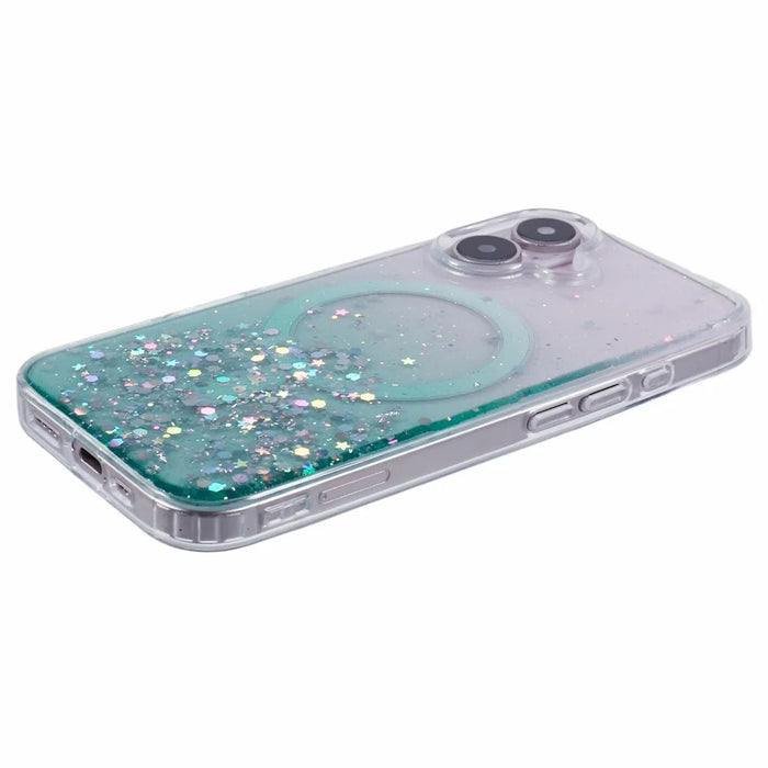 For iPhone 16 Plus Case Compatible with MagSafe Sparkle Epoxy TPU+Acrylic Phone Cover - Green - 5