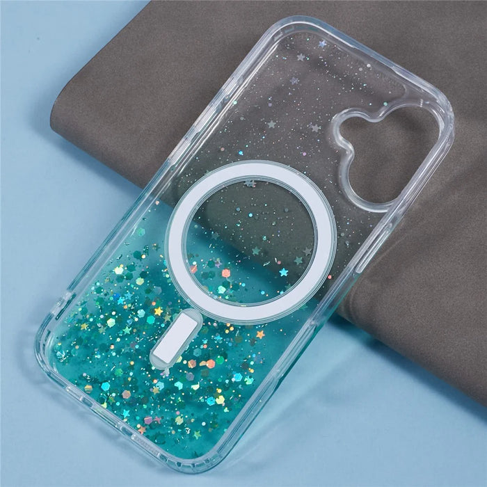 For iPhone 16 Plus Case Compatible with MagSafe Sparkle Epoxy TPU+Acrylic Phone Cover - Green - 7