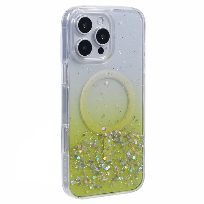 For iPhone 16 Pro Max Case Compatible with MagSafe Sparkle Epoxy TPU+Acrylic Phone Cover - Yellow - 1