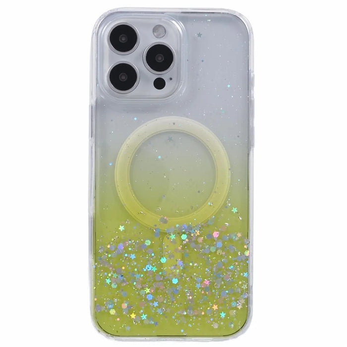 For iPhone 16 Pro Max Case Compatible with MagSafe Sparkle Epoxy TPU+Acrylic Phone Cover - Yellow - 3