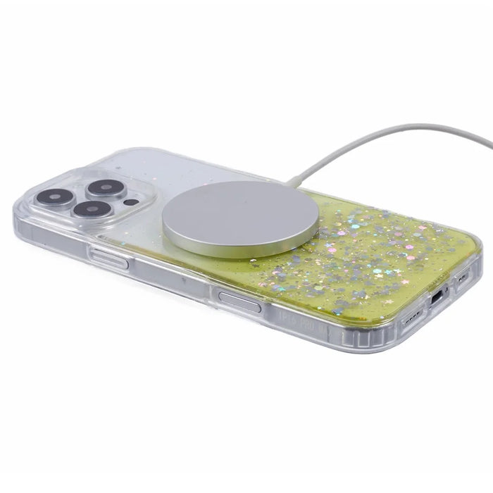 For iPhone 16 Pro Max Case Compatible with MagSafe Sparkle Epoxy TPU+Acrylic Phone Cover - Yellow - 4