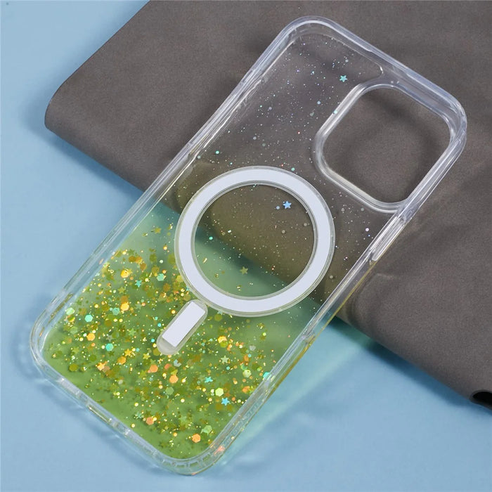 For iPhone 16 Pro Max Case Compatible with MagSafe Sparkle Epoxy TPU+Acrylic Phone Cover - Yellow - 7