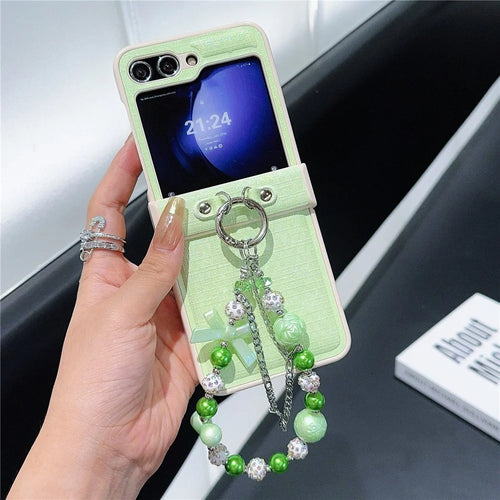 For Samsung Galaxy Z Flip7 FE 5G / Z Flip6 5G Case Hinge Protection Leather+PC Phone Cover with Beaded Strap - Light Green - 1