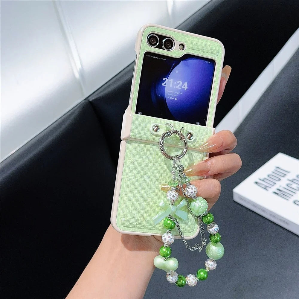 For Samsung Galaxy Z Flip7 FE 5G / Z Flip6 5G Case Hinge Protection Leather+PC Phone Cover with Beaded Strap - Light Green - 2
