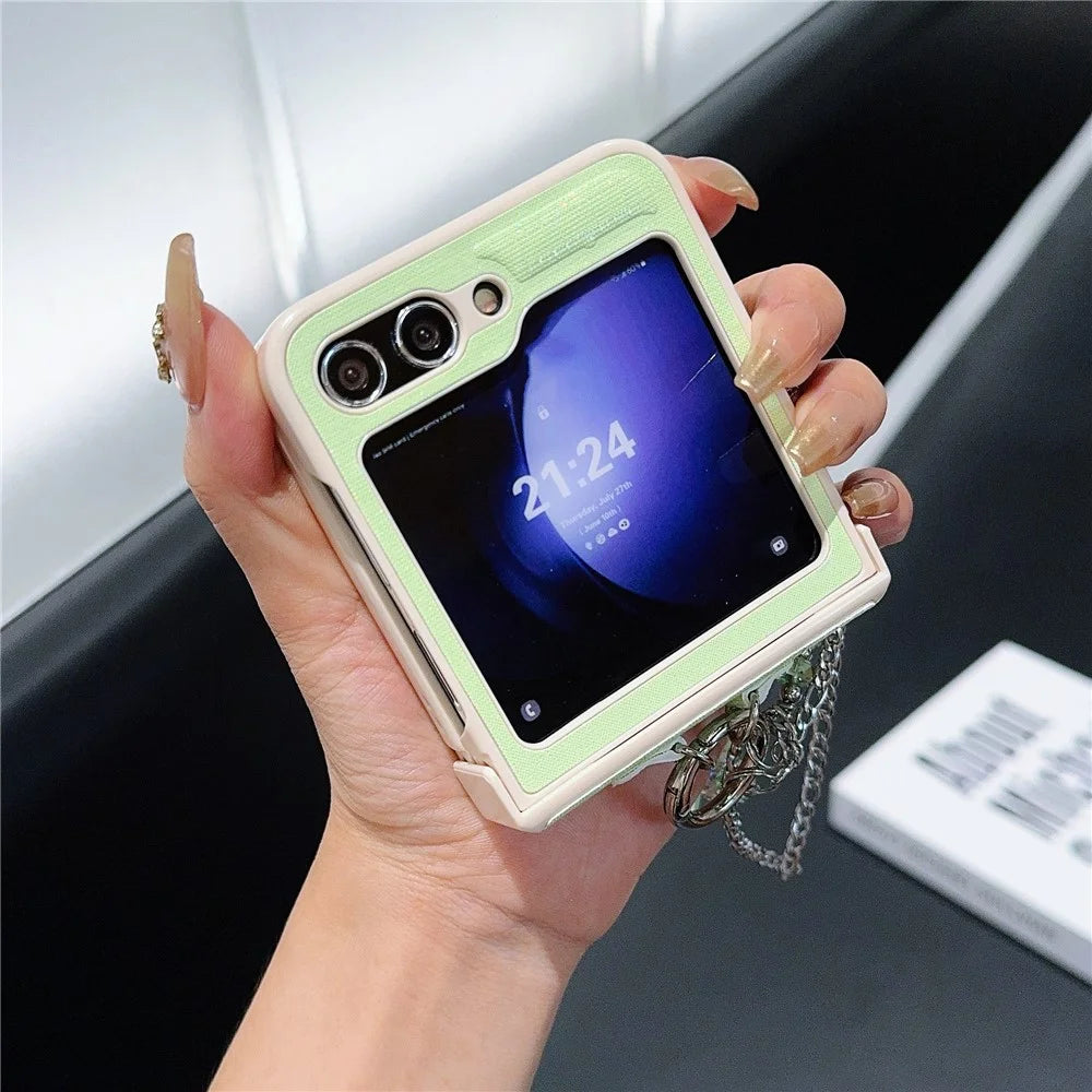 For Samsung Galaxy Z Flip7 FE 5G / Z Flip6 5G Case Hinge Protection Leather+PC Phone Cover with Beaded Strap - Light Green - 3