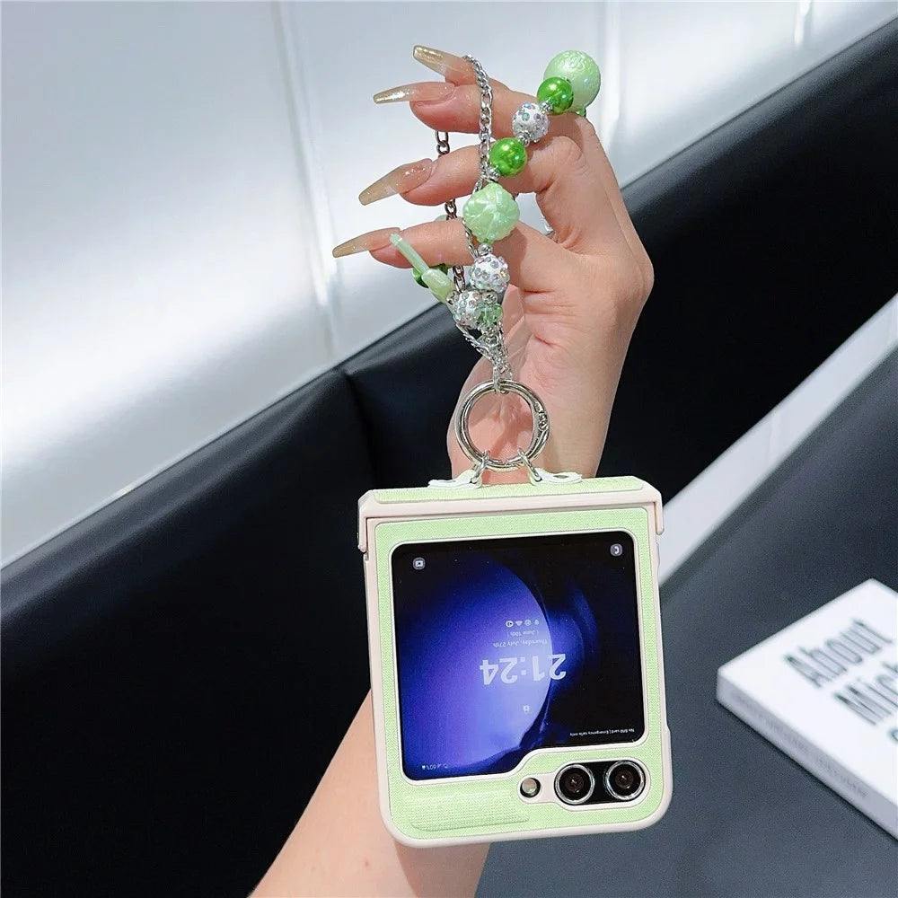 For Samsung Galaxy Z Flip7 FE 5G / Z Flip6 5G Case Hinge Protection Leather+PC Phone Cover with Beaded Strap - Light Green - 4