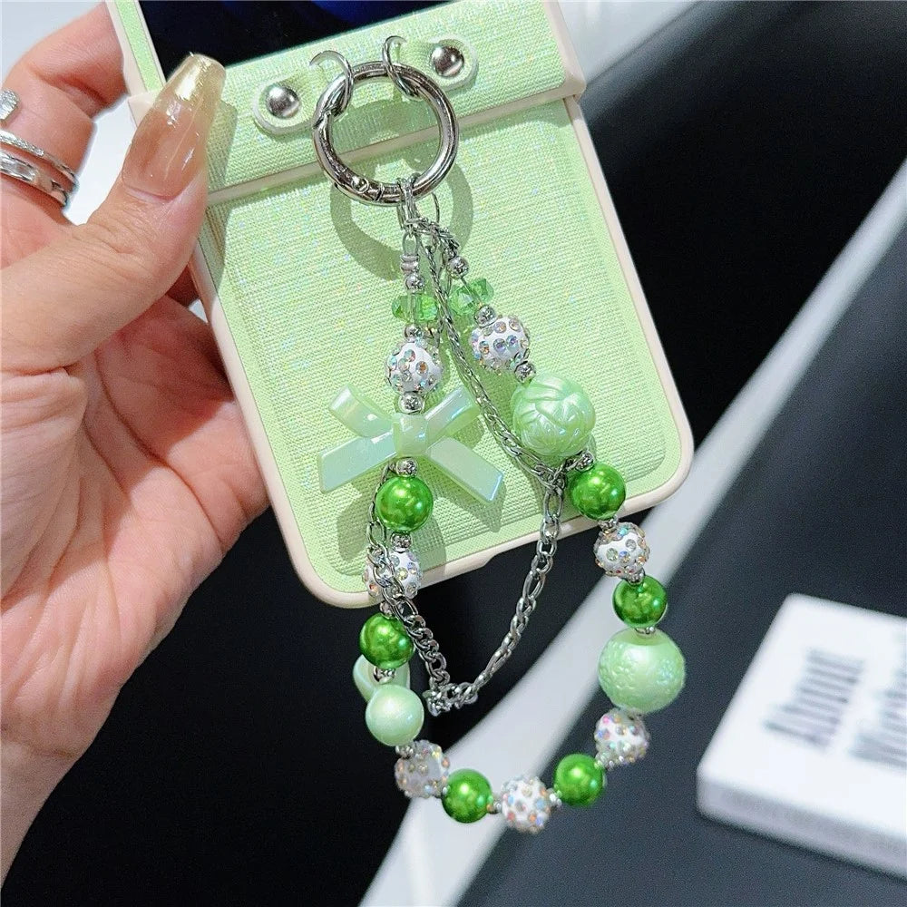 For Samsung Galaxy Z Flip7 FE 5G / Z Flip6 5G Case Hinge Protection Leather+PC Phone Cover with Beaded Strap - Light Green - 5