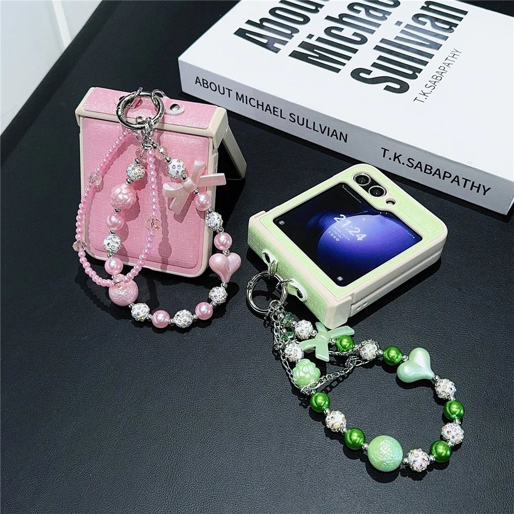For Samsung Galaxy Z Flip7 FE 5G / Z Flip6 5G Case Hinge Protection Leather+PC Phone Cover with Beaded Strap - Light Green - 6