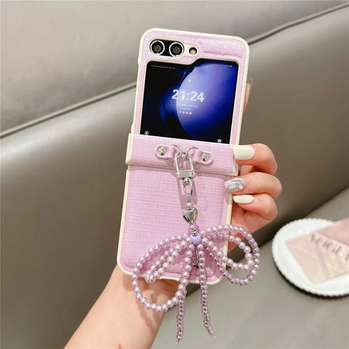 For Samsung Galaxy Z Flip7 FE 5G / Z Flip6 5G Case Hinge Protection Leather+PC Phone Cover with Bow Beaded Strap - Pink - 1
