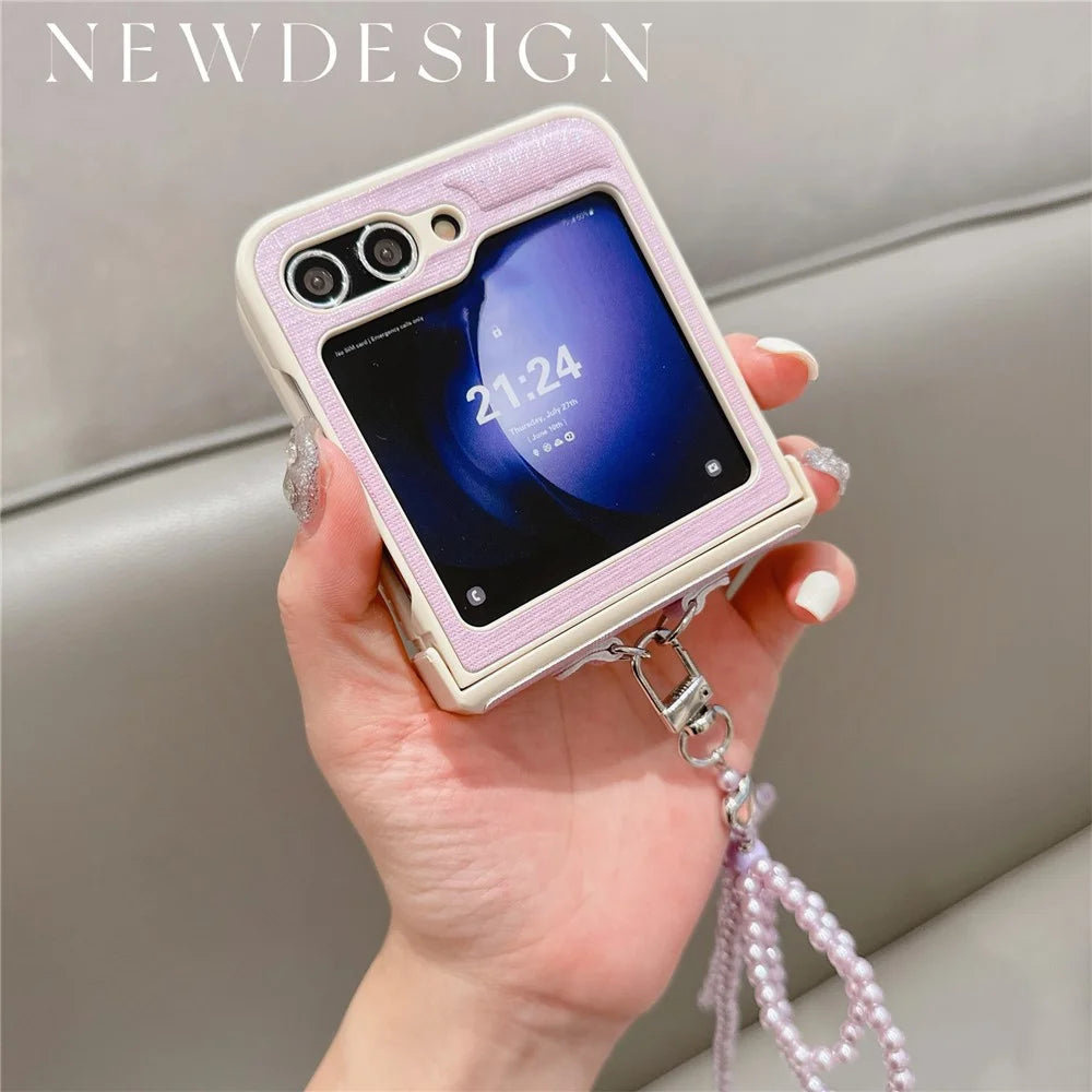For Samsung Galaxy Z Flip7 FE 5G / Z Flip6 5G Case Hinge Protection Leather+PC Phone Cover with Bow Beaded Strap - Pink - 2