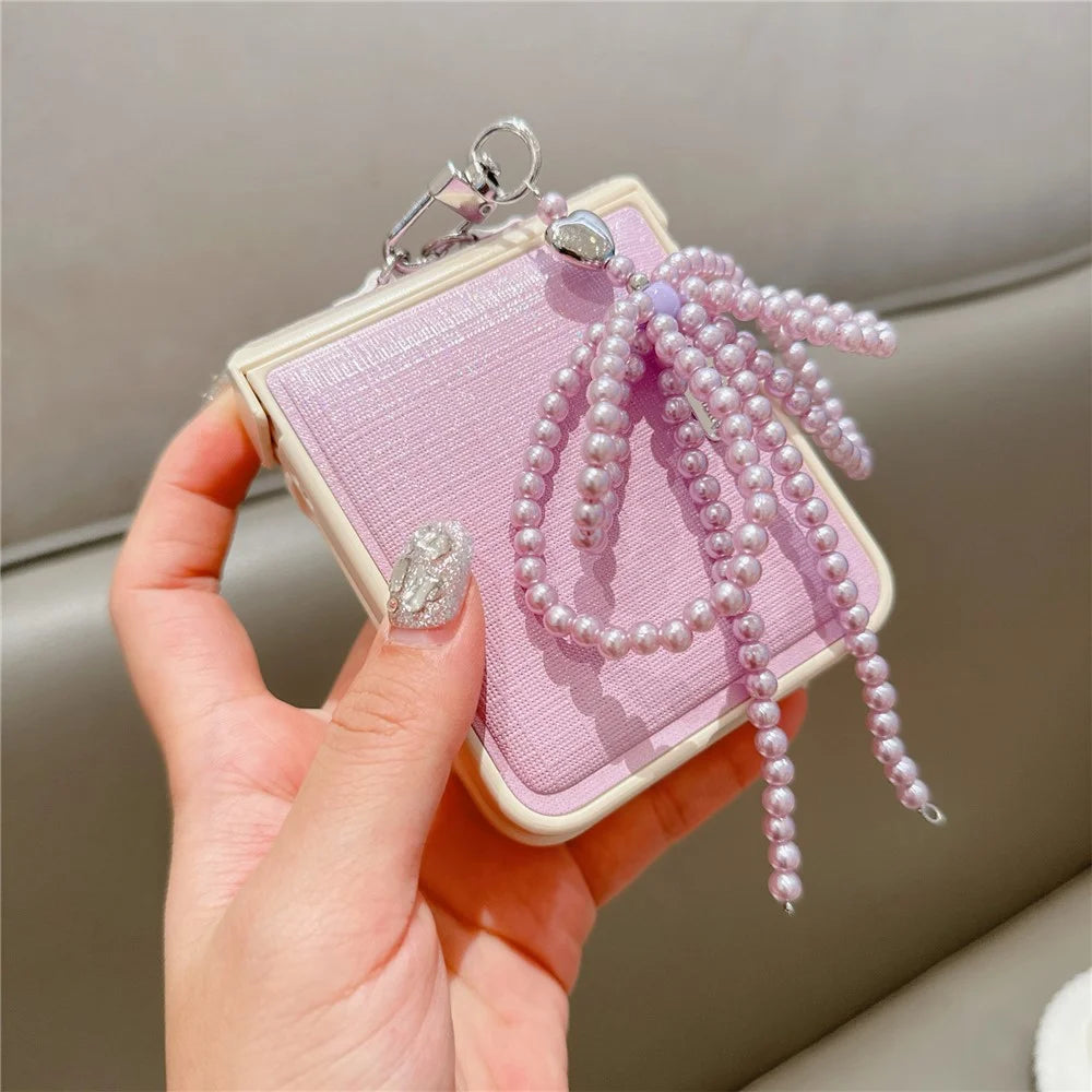 For Samsung Galaxy Z Flip7 FE 5G / Z Flip6 5G Case Hinge Protection Leather+PC Phone Cover with Bow Beaded Strap - Pink - 3