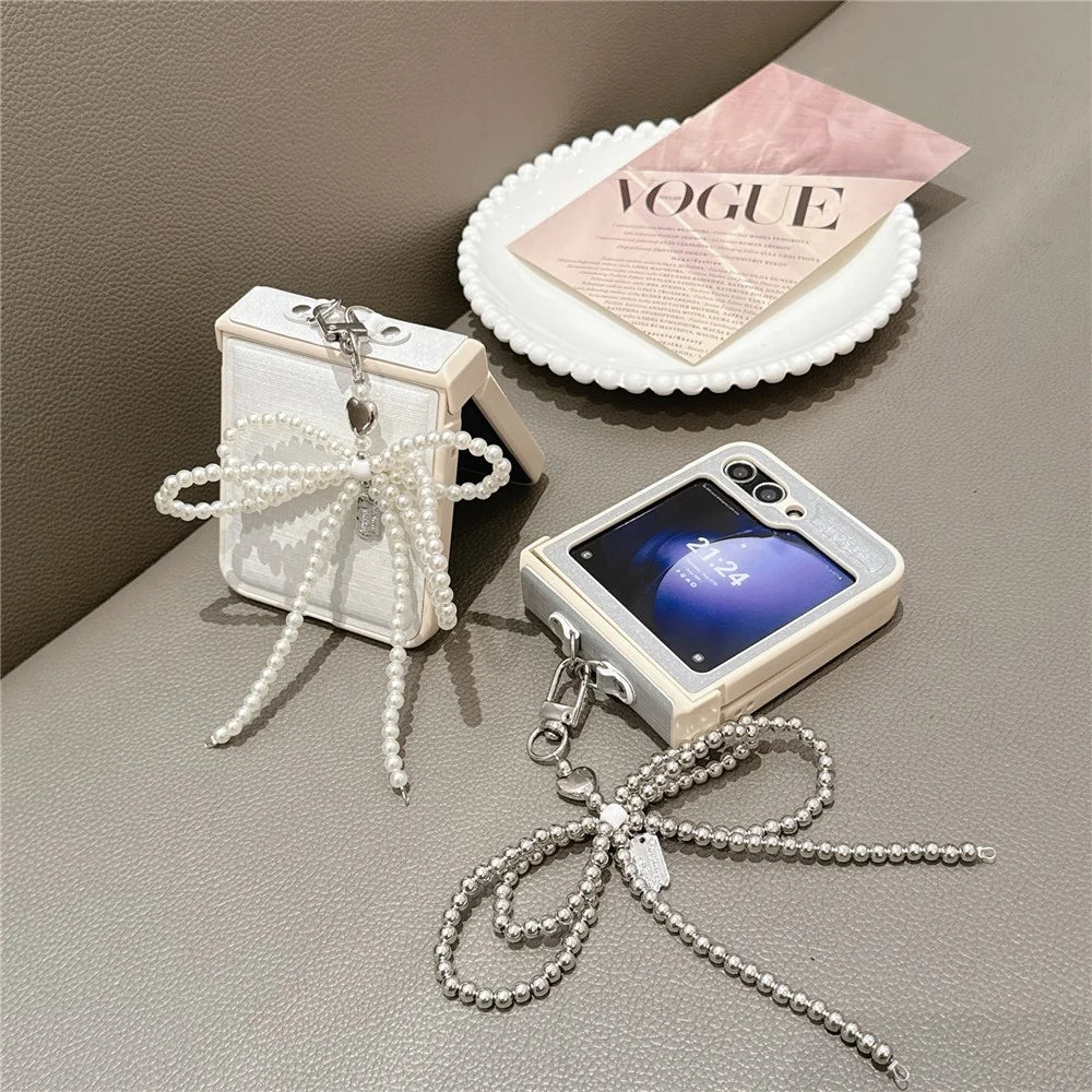 For Samsung Galaxy Z Flip7 FE 5G / Z Flip6 5G Case Hinge Protection Leather+PC Phone Cover with Bow Beaded Strap - Pink - 4
