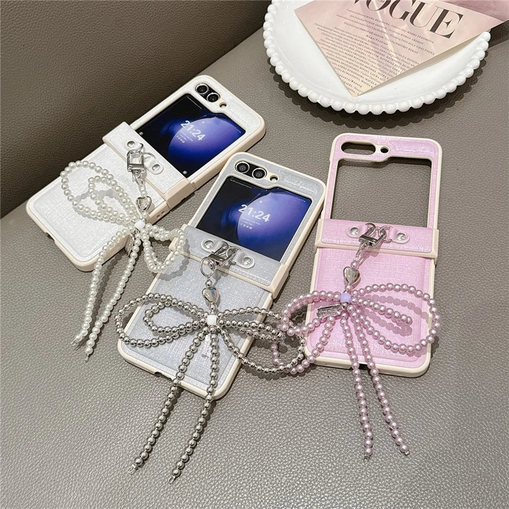 For Samsung Galaxy Z Flip7 FE 5G / Z Flip6 5G Case Hinge Protection Leather+PC Phone Cover with Bow Beaded Strap - Pink - 5