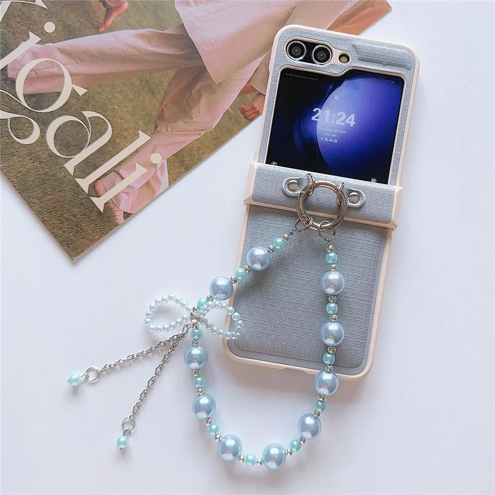 For Samsung Galaxy Z Flip7 FE 5G / Z Flip6 5G Case Hinge Protection Leather+PC Phone Cover with Beaded Phone Charm - Blue - 1