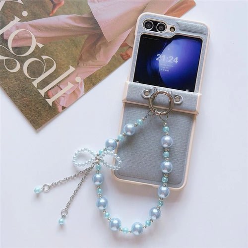 For Samsung Galaxy Z Flip7 FE 5G / Z Flip6 5G Case Hinge Protection Leather+PC Phone Cover with Beaded Phone Charm - Blue - 1