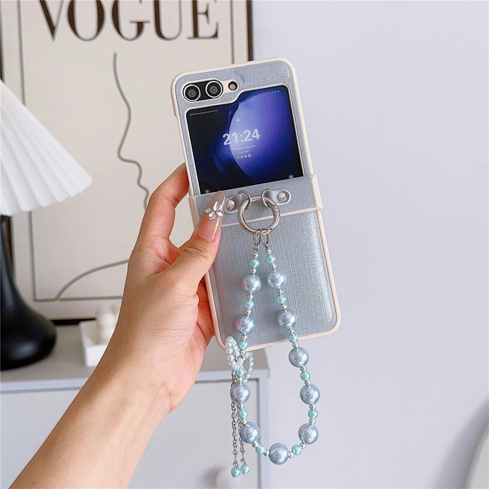 For Samsung Galaxy Z Flip7 FE 5G / Z Flip6 5G Case Hinge Protection Leather+PC Phone Cover with Beaded Phone Charm - Blue - 2