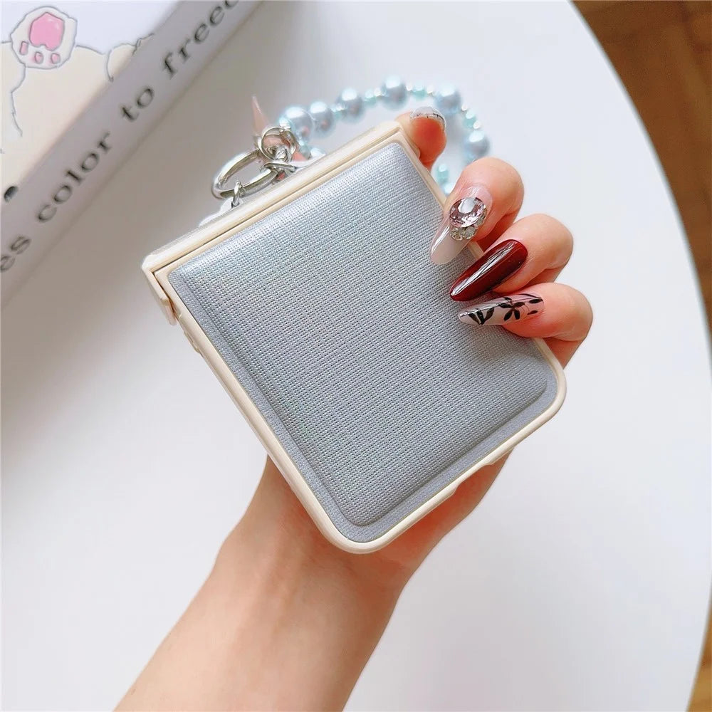 For Samsung Galaxy Z Flip7 FE 5G / Z Flip6 5G Case Hinge Protection Leather+PC Phone Cover with Beaded Phone Charm - Blue - 3