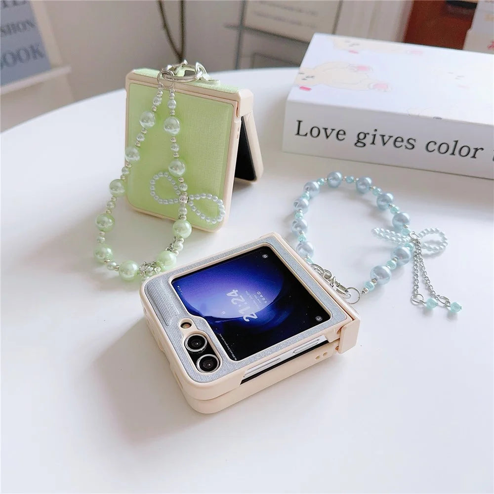 For Samsung Galaxy Z Flip7 FE 5G / Z Flip6 5G Case Hinge Protection Leather+PC Phone Cover with Beaded Phone Charm - Blue - 4
