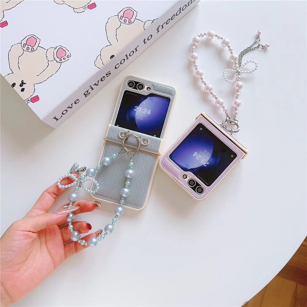 For Samsung Galaxy Z Flip7 FE 5G / Z Flip6 5G Case Hinge Protection Leather+PC Phone Cover with Beaded Phone Charm - Blue - 5