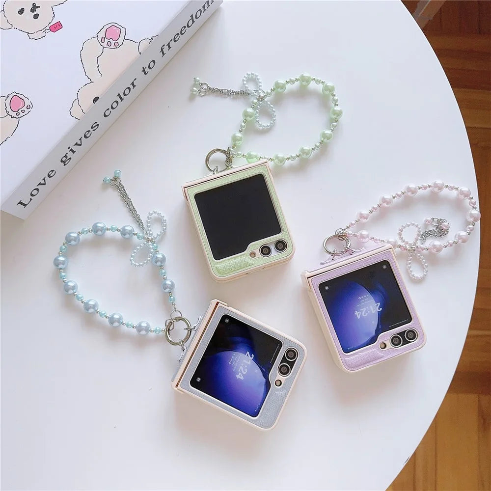 For Samsung Galaxy Z Flip7 FE 5G / Z Flip6 5G Case Hinge Protection Leather+PC Phone Cover with Beaded Phone Charm - Blue - 6