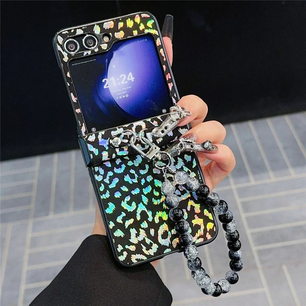 For Samsung Galaxy Z Flip7 FE 5G / Z Flip6 5G Case Leopard Print Leather+PC Phone Cover with Beaded Strap - Black - 1