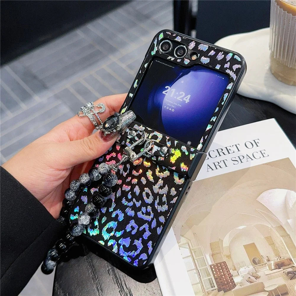 For Samsung Galaxy Z Flip7 FE 5G / Z Flip6 5G Case Leopard Print Leather+PC Phone Cover with Beaded Strap - Black - 2
