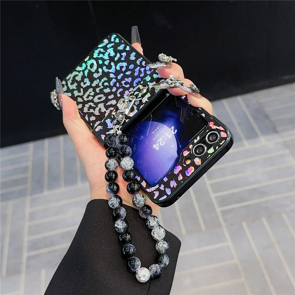 For Samsung Galaxy Z Flip7 FE 5G / Z Flip6 5G Case Leopard Print Leather+PC Phone Cover with Beaded Strap - Black - 3