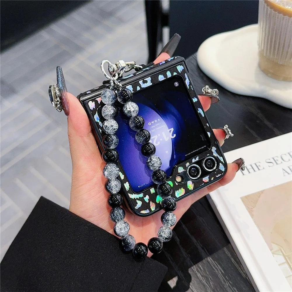 For Samsung Galaxy Z Flip7 FE 5G / Z Flip6 5G Case Leopard Print Leather+PC Phone Cover with Beaded Strap - Black - 4