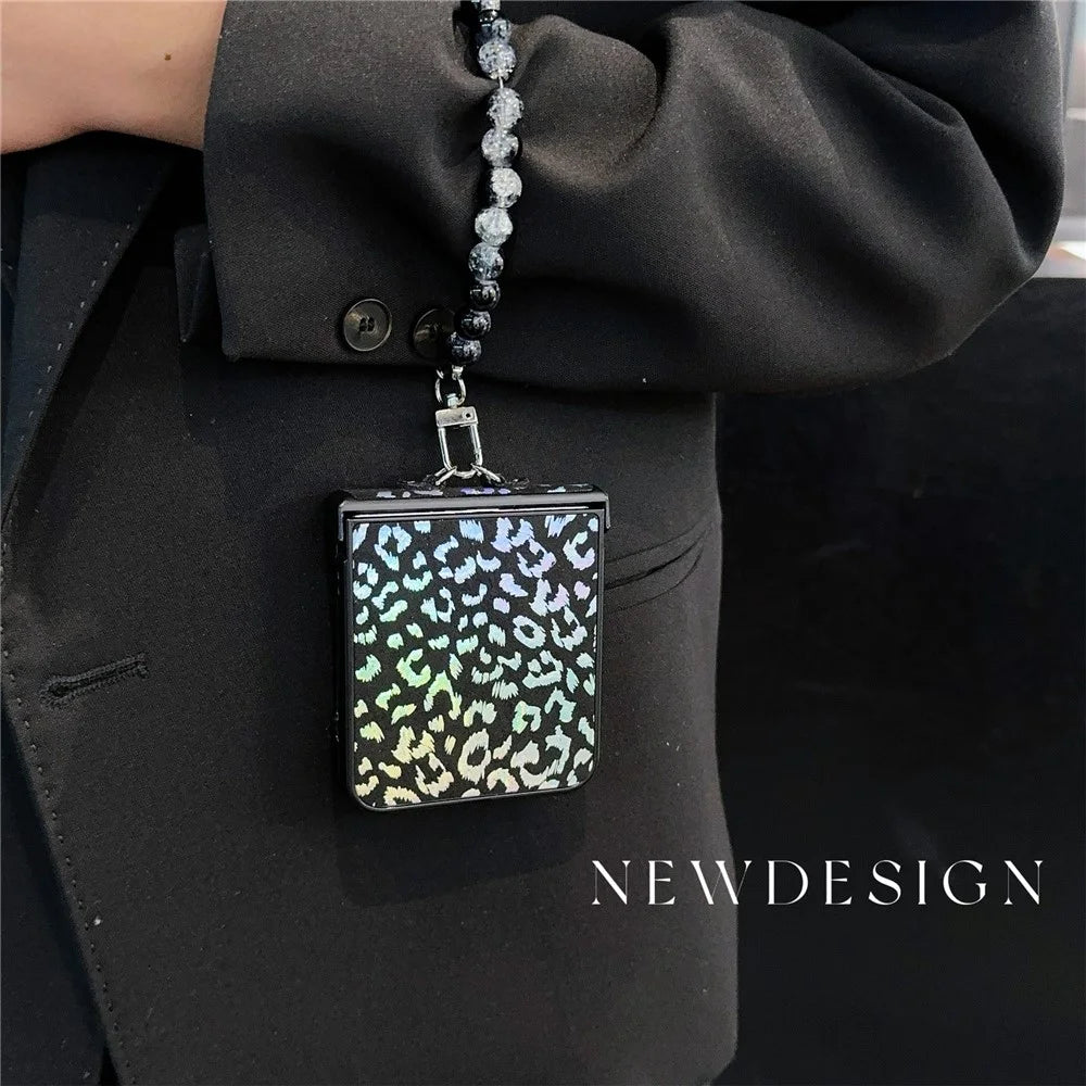 For Samsung Galaxy Z Flip7 FE 5G / Z Flip6 5G Case Leopard Print Leather+PC Phone Cover with Beaded Strap - Black - 5