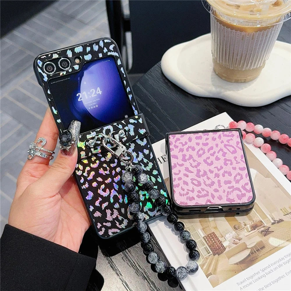 For Samsung Galaxy Z Flip7 FE 5G / Z Flip6 5G Case Leopard Print Leather+PC Phone Cover with Beaded Strap - Black - 6