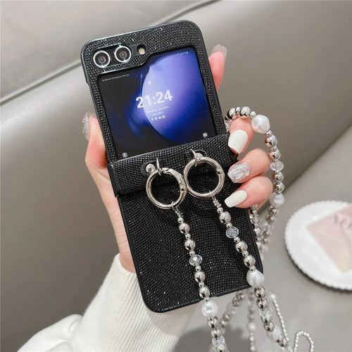 For Samsung Galaxy Z Flip7 FE 5G / Z Flip6 5G Case Hinge Protection Leather+PC Phone Cover with Crossbody Beaded Strap - Black - 1
