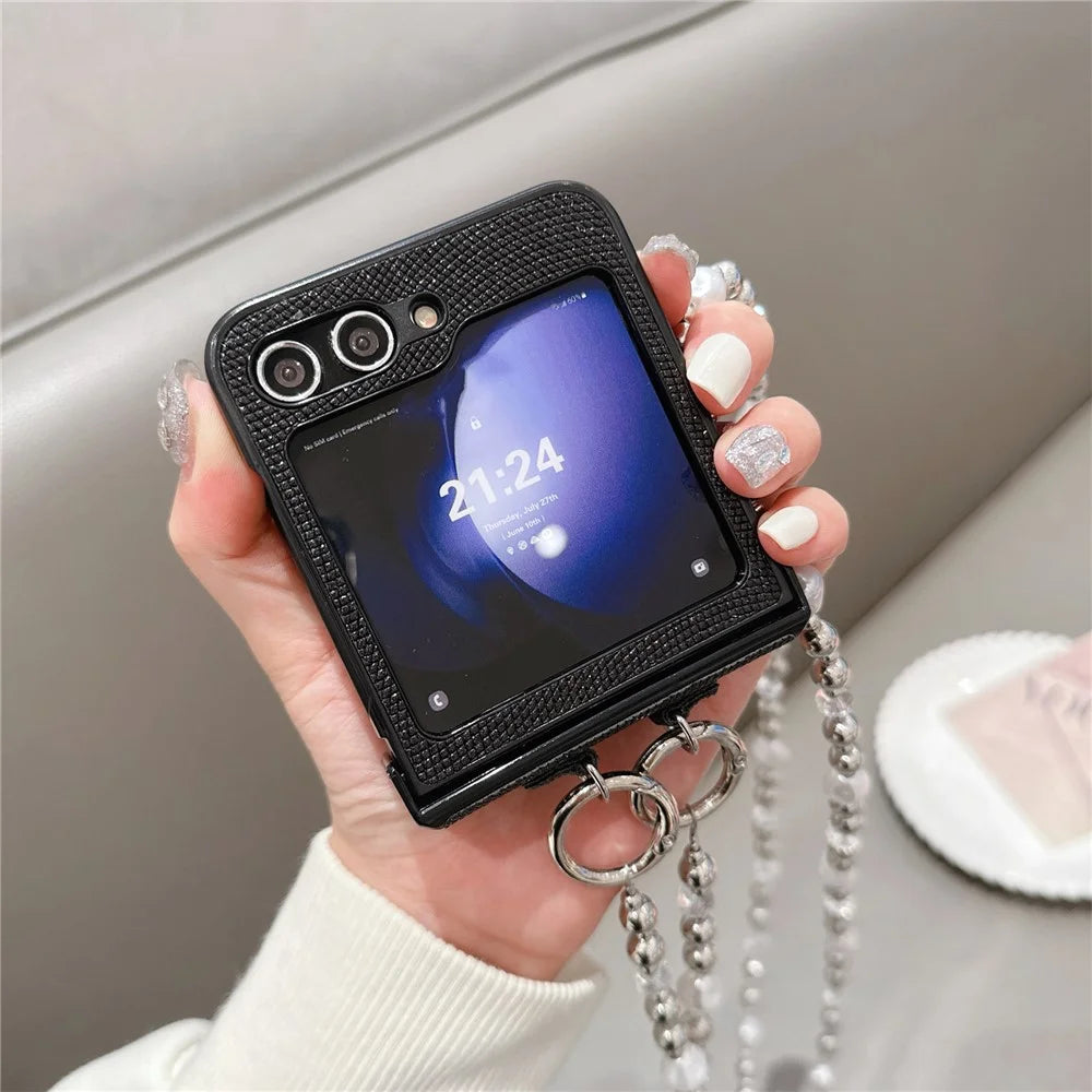 For Samsung Galaxy Z Flip7 FE 5G / Z Flip6 5G Case Hinge Protection Leather+PC Phone Cover with Crossbody Beaded Strap - Black - 2