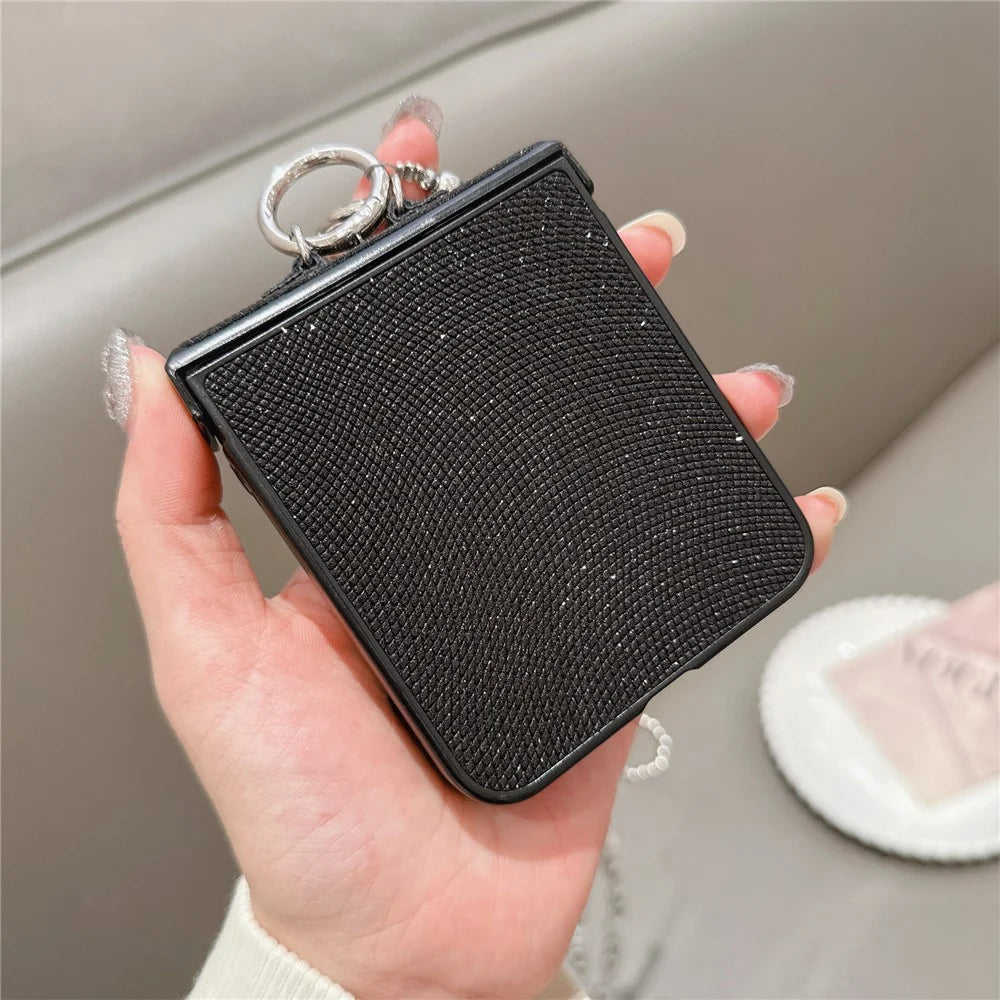 For Samsung Galaxy Z Flip7 FE 5G / Z Flip6 5G Case Hinge Protection Leather+PC Phone Cover with Crossbody Beaded Strap - Black - 3