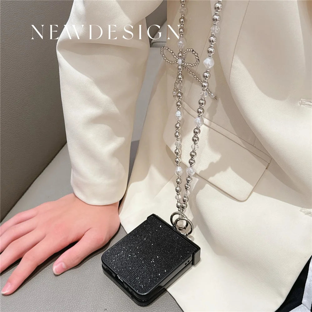 For Samsung Galaxy Z Flip7 FE 5G / Z Flip6 5G Case Hinge Protection Leather+PC Phone Cover with Crossbody Beaded Strap - Black - 4