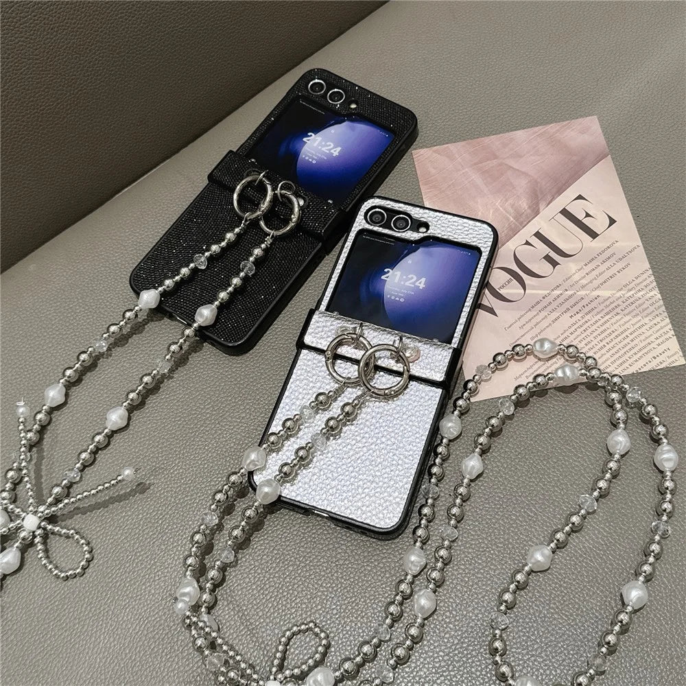 For Samsung Galaxy Z Flip7 FE 5G / Z Flip6 5G Case Hinge Protection Leather+PC Phone Cover with Crossbody Beaded Strap - Black - 6
