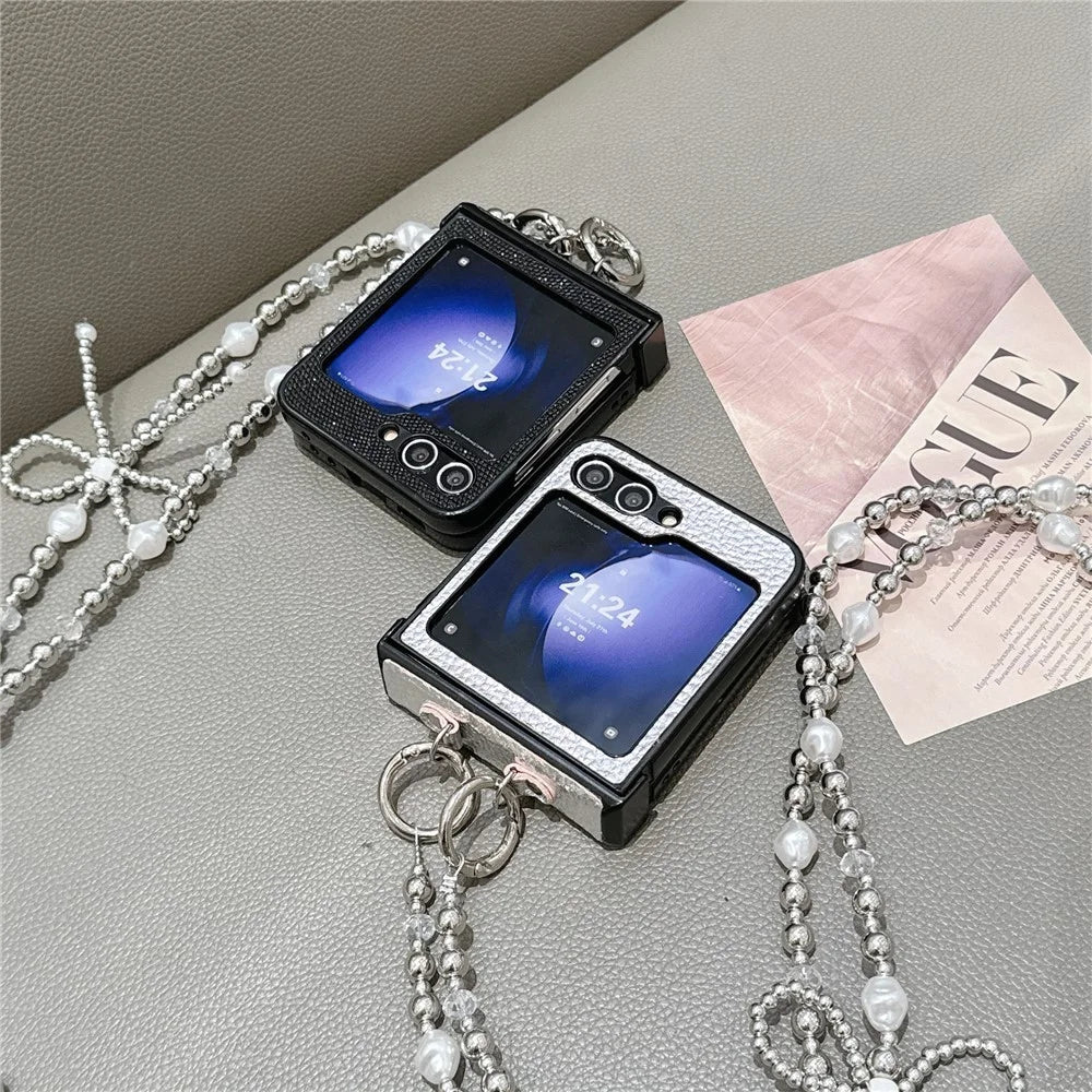 For Samsung Galaxy Z Flip7 FE 5G / Z Flip6 5G Case Hinge Protection Leather+PC Phone Cover with Crossbody Beaded Strap - Black - 7