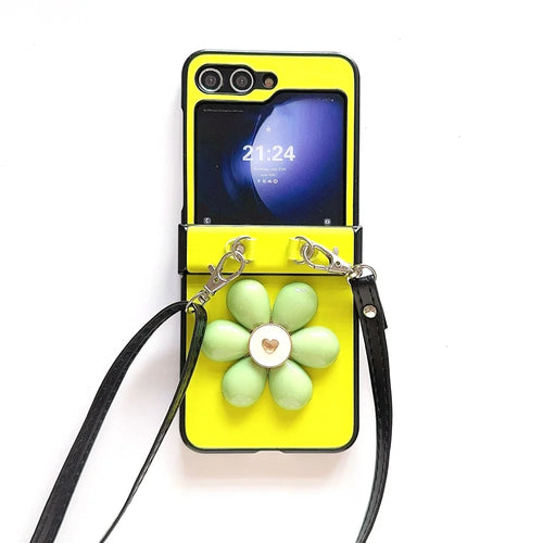 For Samsung Galaxy Z Flip7 FE 5G / Z Flip6 5G Case 3D Flower Leather+PC Phone Cover with Crossbody Strap - Fluorescent Green - 1