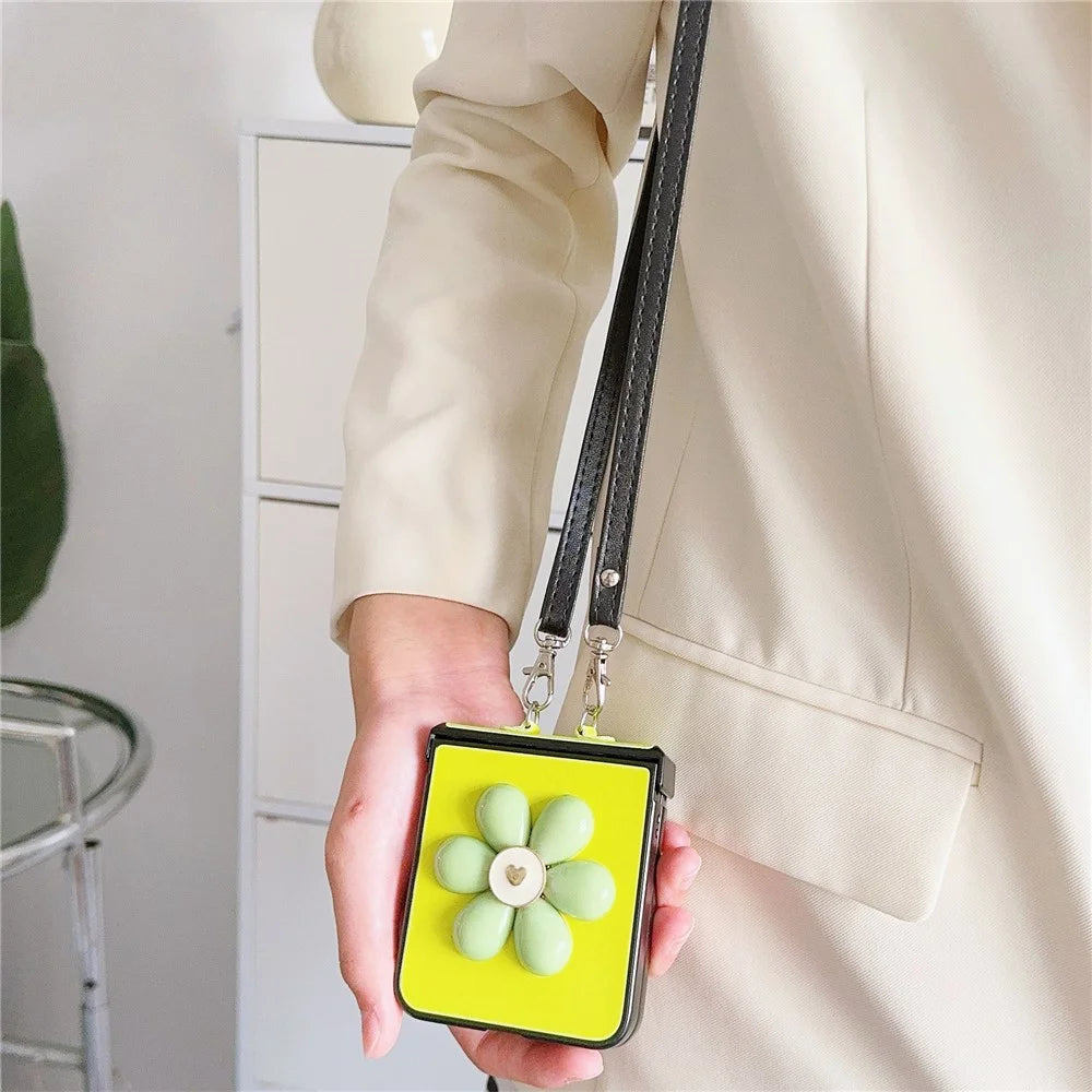 For Samsung Galaxy Z Flip7 FE 5G / Z Flip6 5G Case 3D Flower Leather+PC Phone Cover with Crossbody Strap - Fluorescent Green - 4