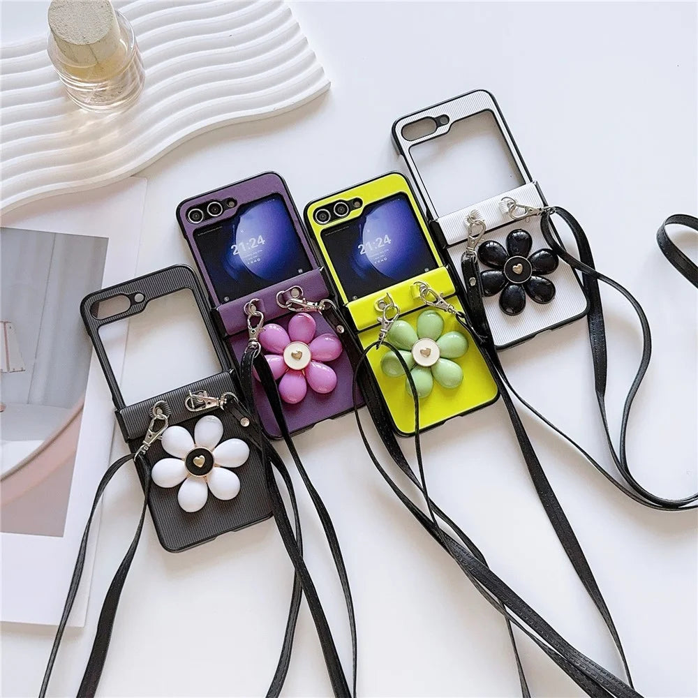 For Samsung Galaxy Z Flip7 FE 5G / Z Flip6 5G Case 3D Flower Leather+PC Phone Cover with Crossbody Strap - Fluorescent Green - 5
