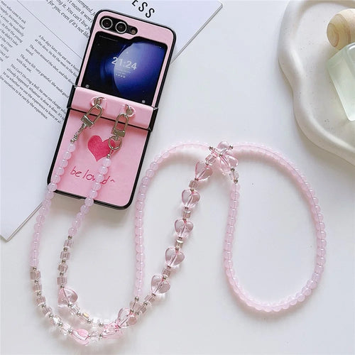For Samsung Galaxy Z Flip7 FE 5G / Z Flip6 5G Case Heart Pattern Leather+PC Phone Cover with Crossbody Beaded Strap - Pink - 1