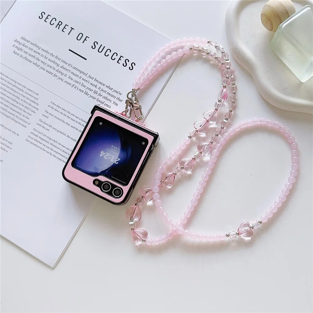 For Samsung Galaxy Z Flip7 FE 5G / Z Flip6 5G Case Heart Pattern Leather+PC Phone Cover with Crossbody Beaded Strap - Pink - 2