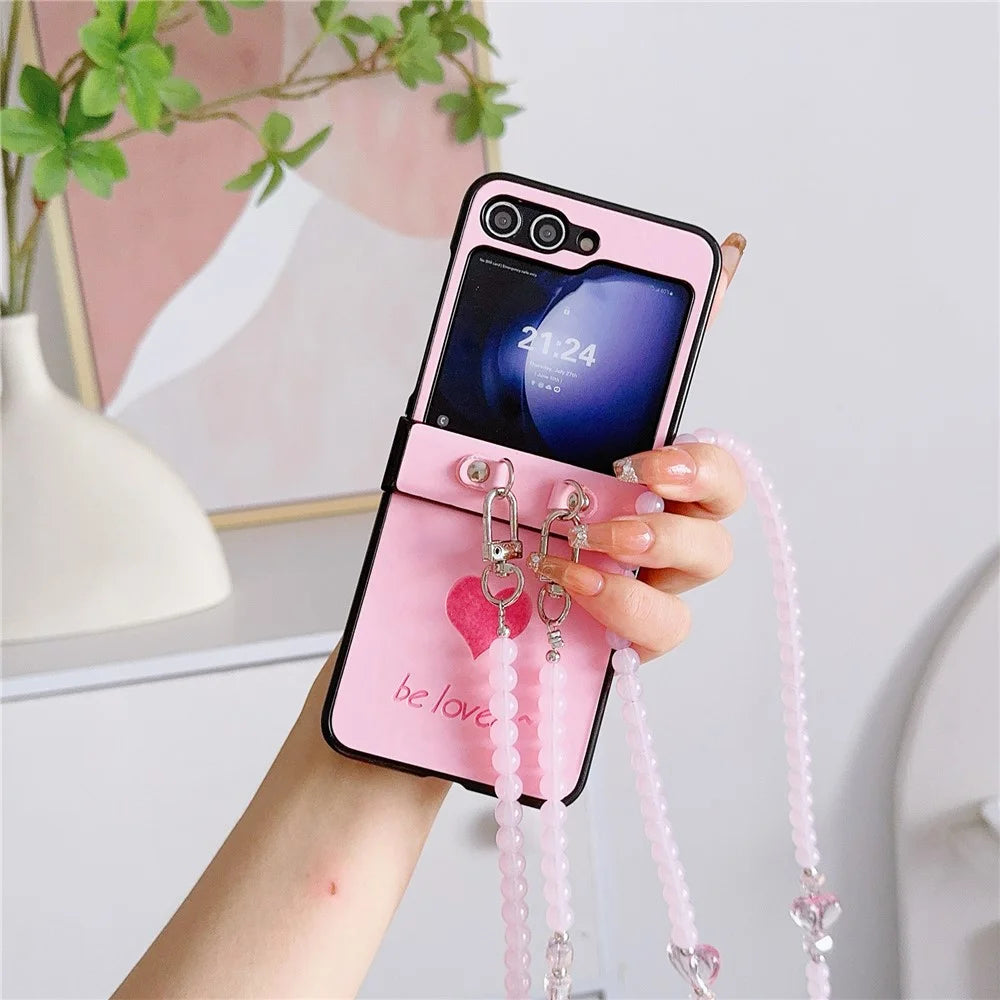 For Samsung Galaxy Z Flip7 FE 5G / Z Flip6 5G Case Heart Pattern Leather+PC Phone Cover with Crossbody Beaded Strap - Pink - 3