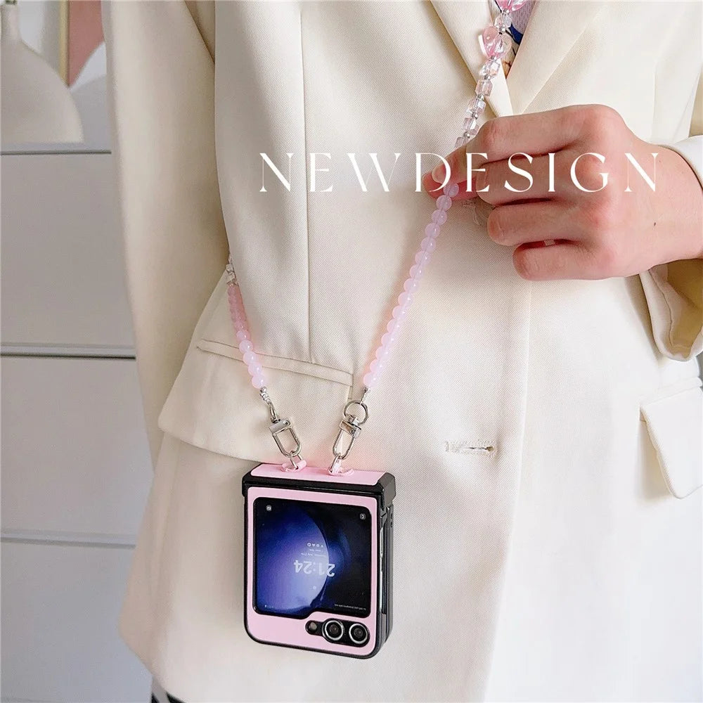 For Samsung Galaxy Z Flip7 FE 5G / Z Flip6 5G Case Heart Pattern Leather+PC Phone Cover with Crossbody Beaded Strap - Pink - 4
